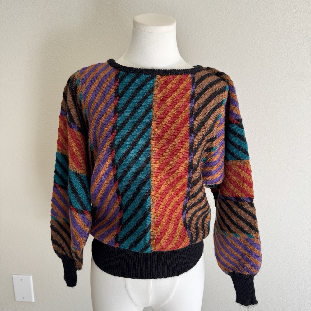 Vintage 80s 90s Jeweltone Knit Sweater Balloon Sleeves Colorful Sz M Preppy Ski